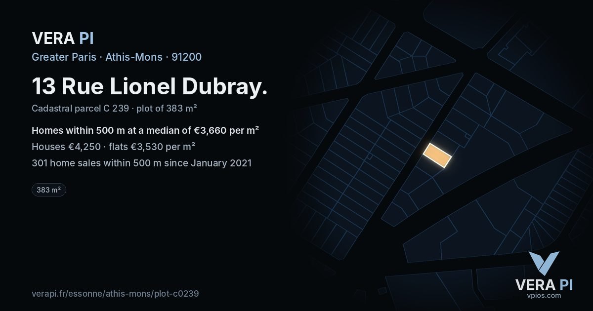13 Rue Lionel Dubray, Athis-Mons at night – the plot lit, the parcels around coloured by the prices near them