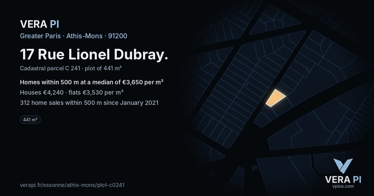 17 Rue Lionel Dubray, Athis-Mons at night – the plot lit, the parcels around coloured by the prices near them
