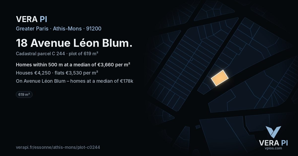 18 Avenue Léon Blum, Athis-Mons at night – the plot lit, the parcels around coloured by the prices near them