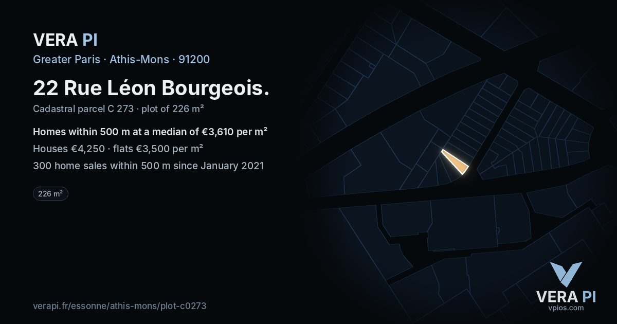 22 Rue Léon Bourgeois, Athis-Mons at night – the plot lit, the parcels around coloured by the prices near them
