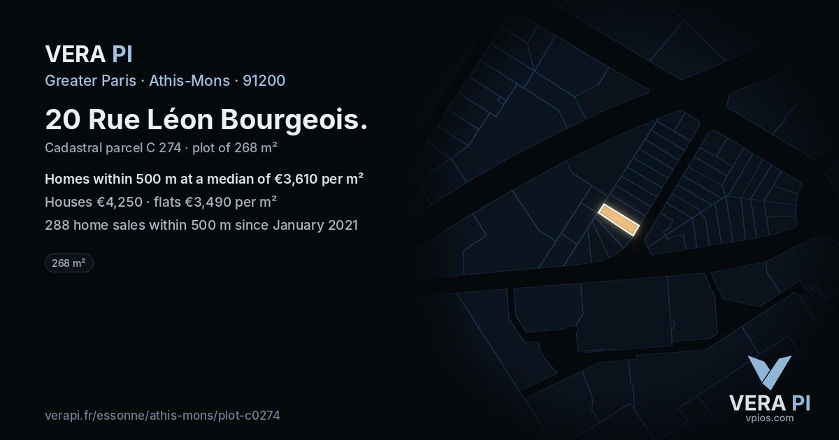 20 Rue Léon Bourgeois, Athis-Mons at night – the plot lit, the parcels around coloured by the prices near them