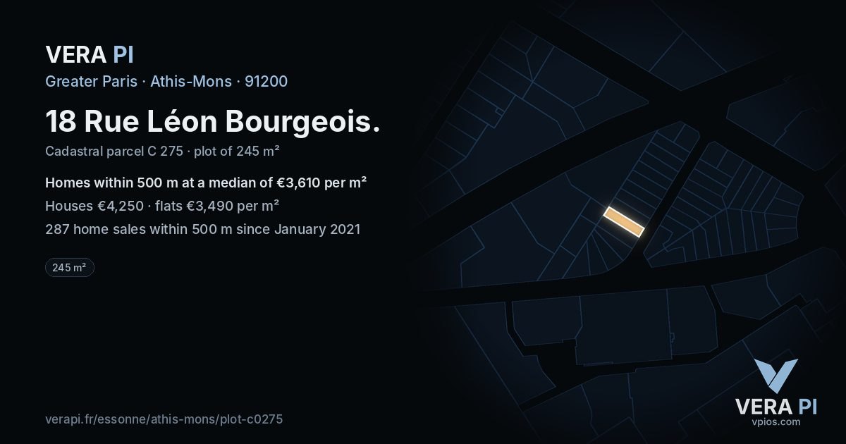 18 Rue Léon Bourgeois, Athis-Mons at night – the plot lit, the parcels around coloured by the prices near them