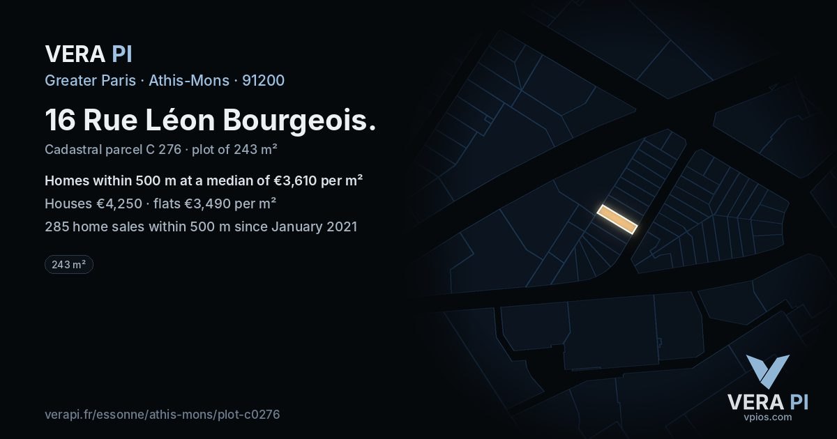 16 Rue Léon Bourgeois, Athis-Mons at night – the plot lit, the parcels around coloured by the prices near them