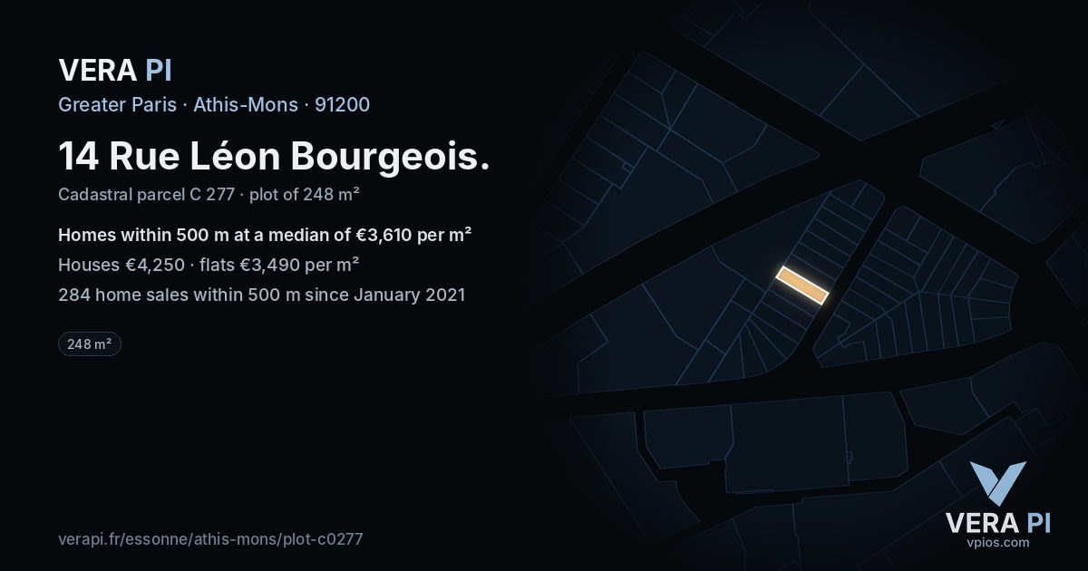14 Rue Léon Bourgeois, Athis-Mons at night – the plot lit, the parcels around coloured by the prices near them