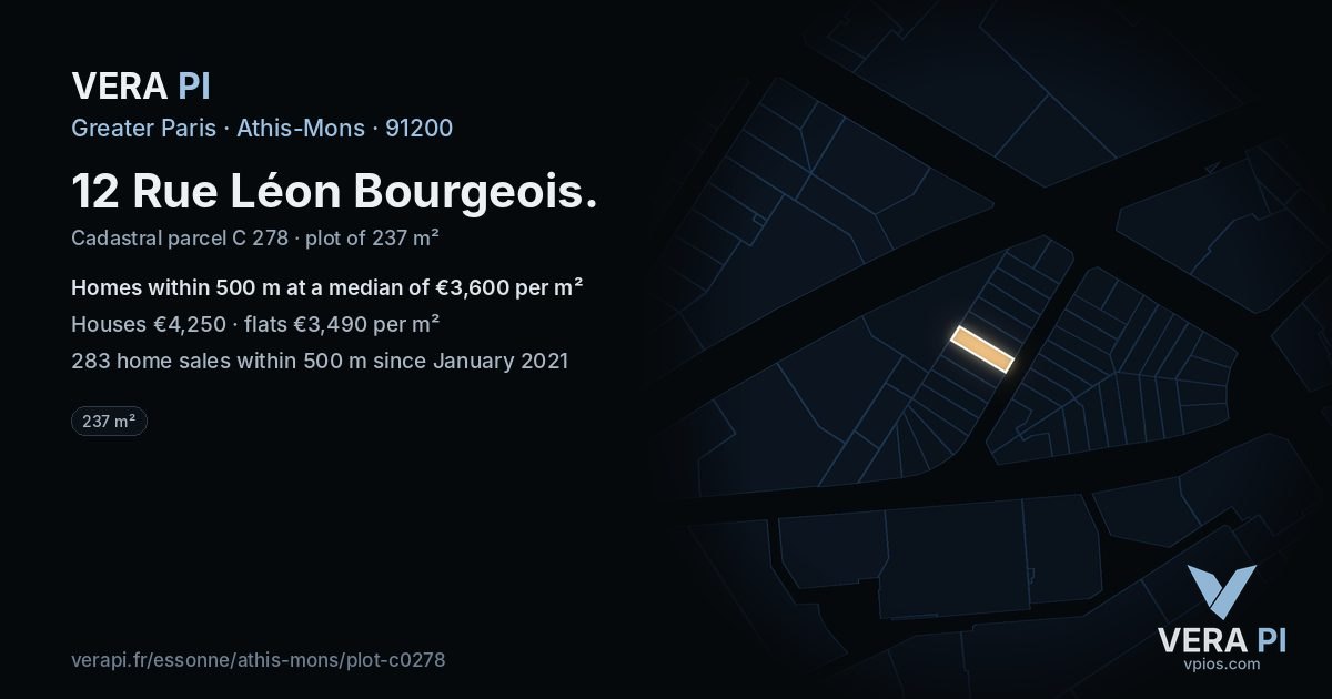12 Rue Léon Bourgeois, Athis-Mons at night – the plot lit, the parcels around coloured by the prices near them
