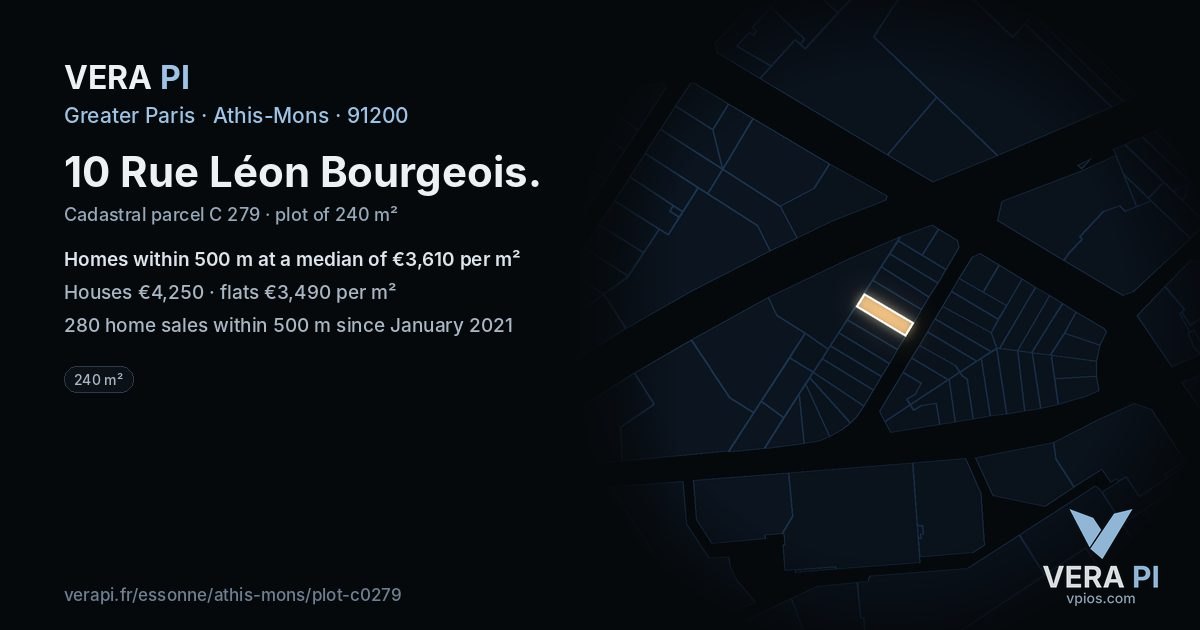 10 Rue Léon Bourgeois, Athis-Mons at night – the plot lit, the parcels around coloured by the prices near them