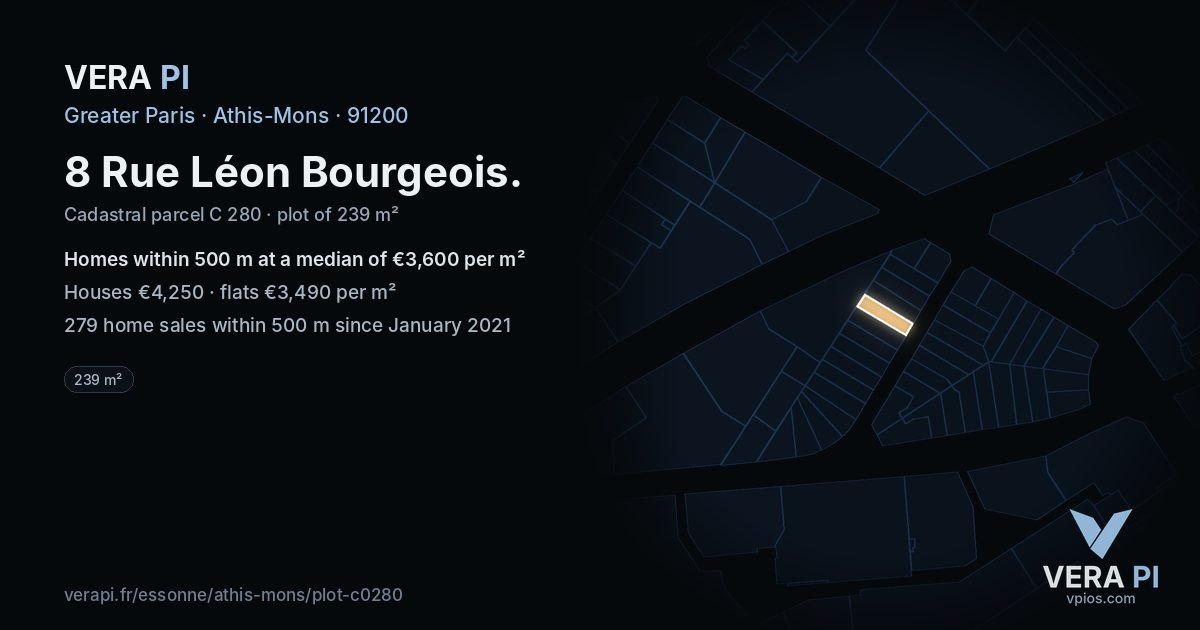8 Rue Léon Bourgeois, Athis-Mons at night – the plot lit, the parcels around coloured by the prices near them