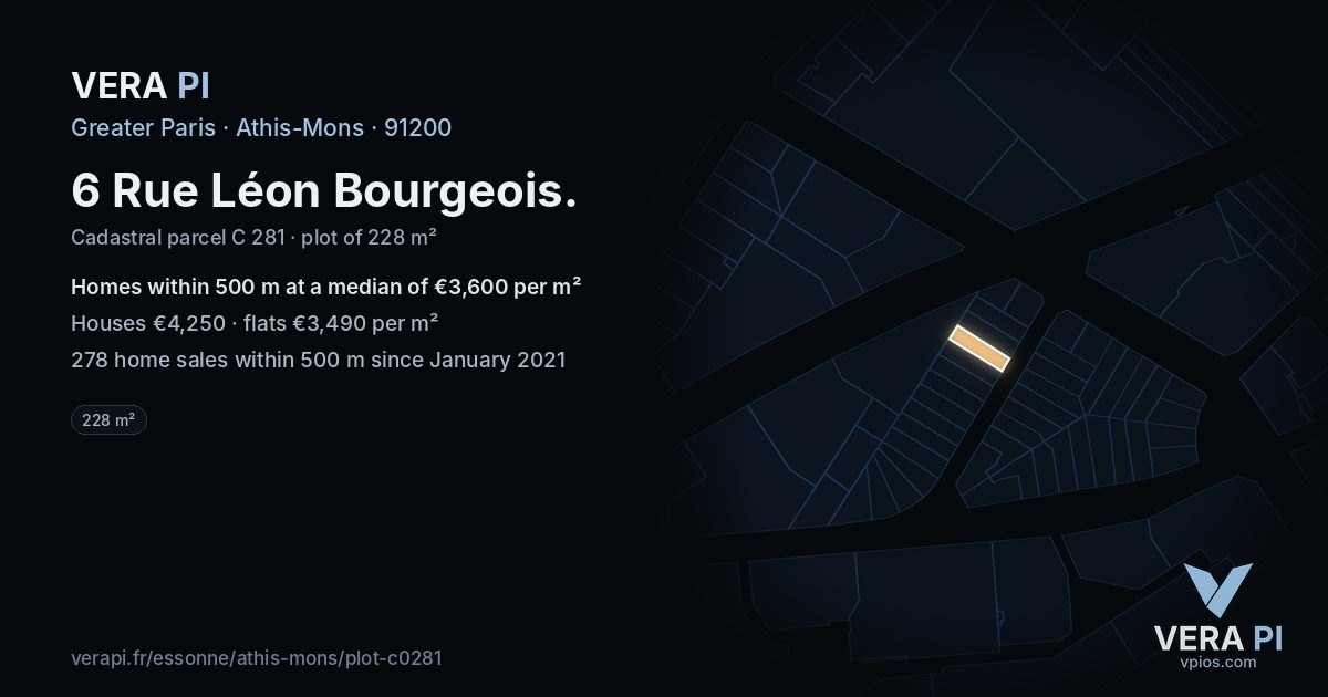 6 Rue Léon Bourgeois, Athis-Mons at night – the plot lit, the parcels around coloured by the prices near them