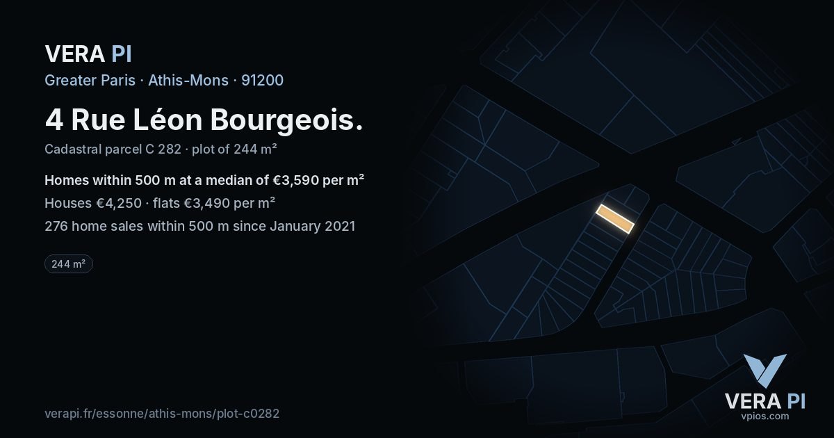 4 Rue Léon Bourgeois, Athis-Mons at night – the plot lit, the parcels around coloured by the prices near them