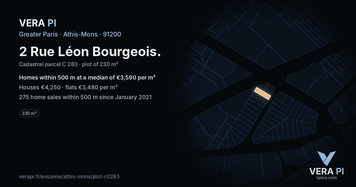 2 Rue Léon Bourgeois, Athis-Mons at night – the plot lit, the parcels around coloured by the prices near them