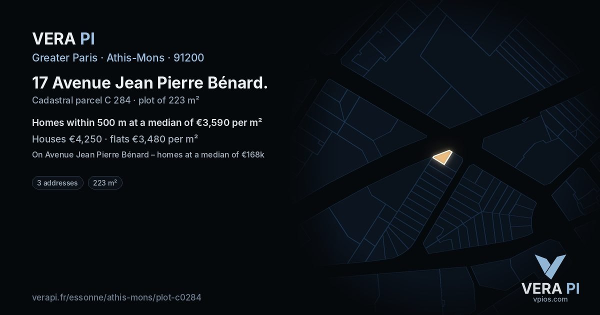 17 Avenue Jean Pierre Bénard, Athis-Mons at night – the plot lit, the parcels around coloured by the prices near them