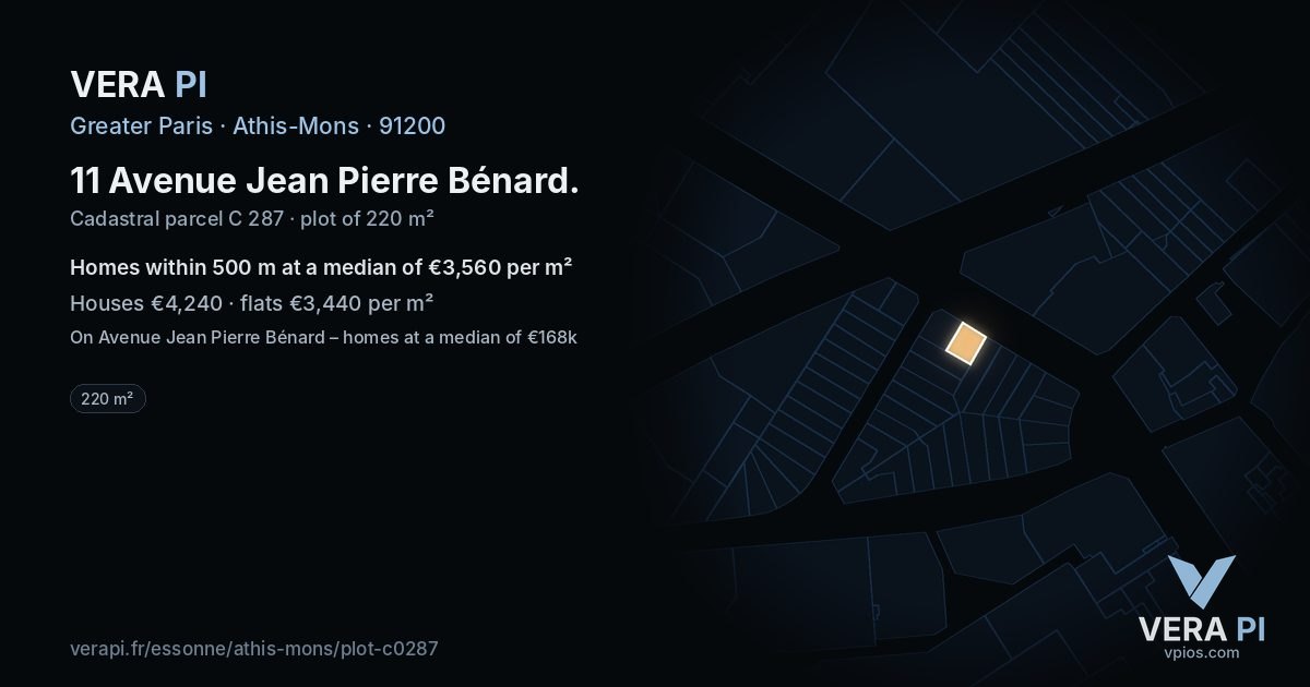 11 Avenue Jean Pierre Bénard, Athis-Mons at night – the plot lit, the parcels around coloured by the prices near them