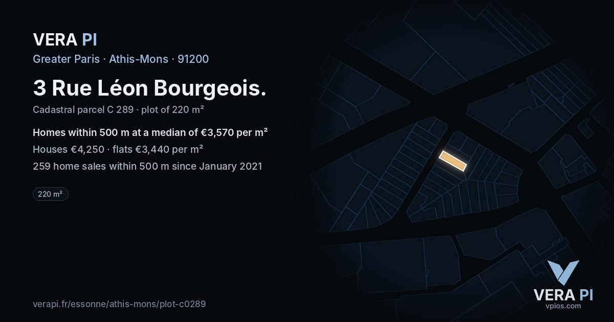 3 Rue Léon Bourgeois, Athis-Mons at night – the plot lit, the parcels around coloured by the prices near them