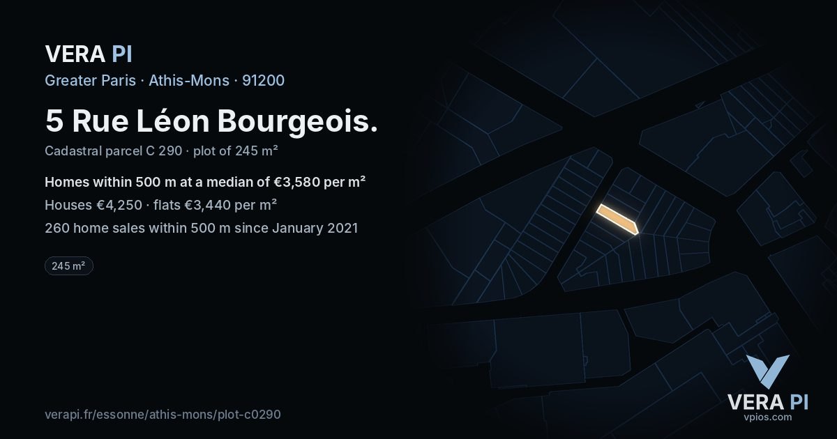 5 Rue Léon Bourgeois, Athis-Mons at night – the plot lit, the parcels around coloured by the prices near them