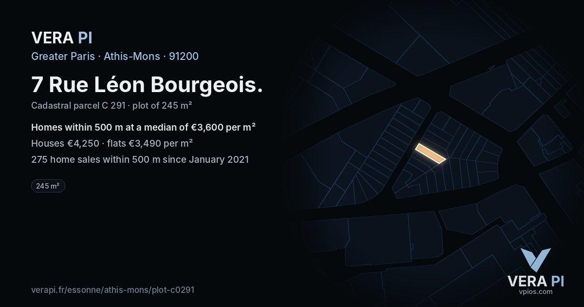7 Rue Léon Bourgeois, Athis-Mons at night – the plot lit, the parcels around coloured by the prices near them