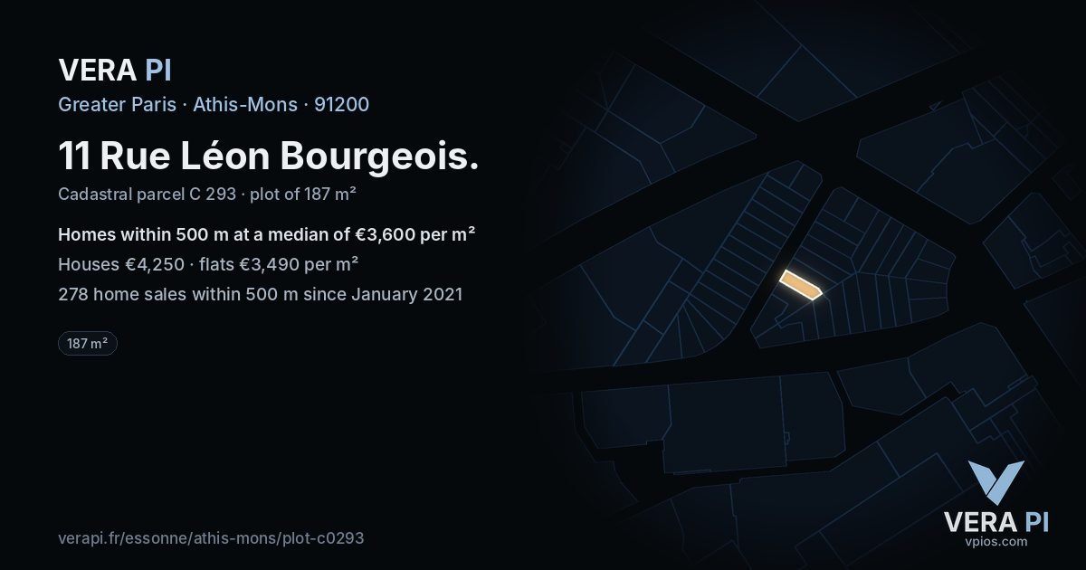 11 Rue Léon Bourgeois, Athis-Mons at night – the plot lit, the parcels around coloured by the prices near them