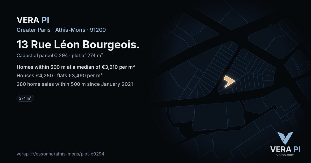 13 Rue Léon Bourgeois, Athis-Mons at night – the plot lit, the parcels around coloured by the prices near them