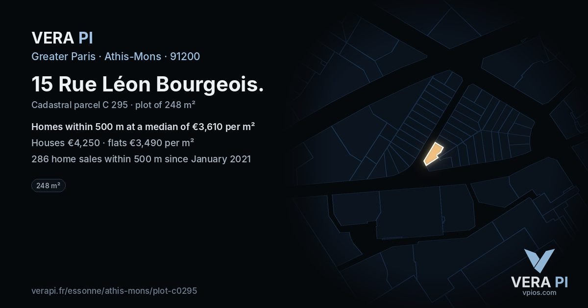 15 Rue Léon Bourgeois, Athis-Mons at night – the plot lit, the parcels around coloured by the prices near them