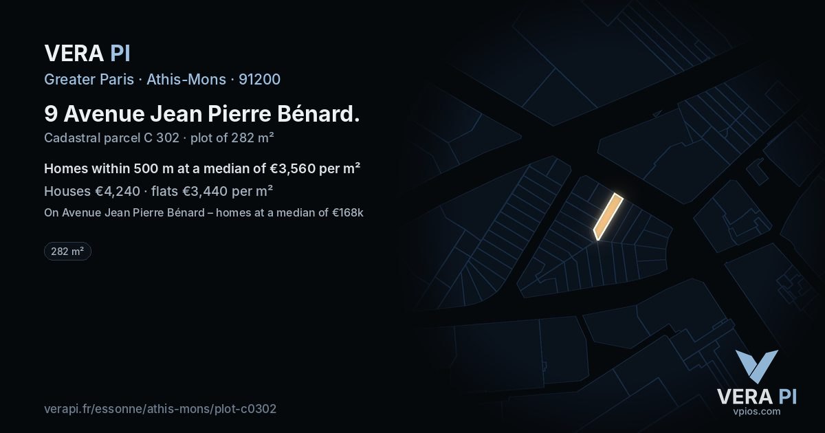 9 Avenue Jean Pierre Bénard, Athis-Mons at night – the plot lit, the parcels around coloured by the prices near them