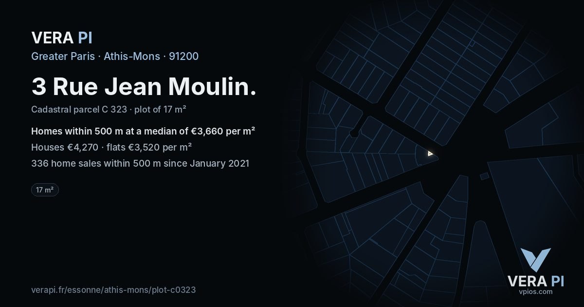3 Rue Jean Moulin, Athis-Mons at night – the plot lit, the parcels around coloured by the prices near them