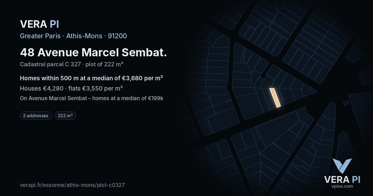 48 Avenue Marcel Sembat, Athis-Mons at night – the plot lit, the parcels around coloured by the prices near them