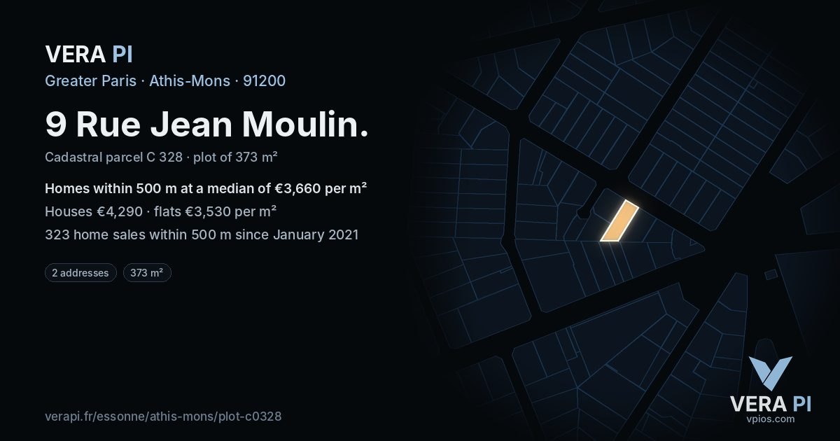 9 Rue Jean Moulin, Athis-Mons at night – the plot lit, the parcels around coloured by the prices near them