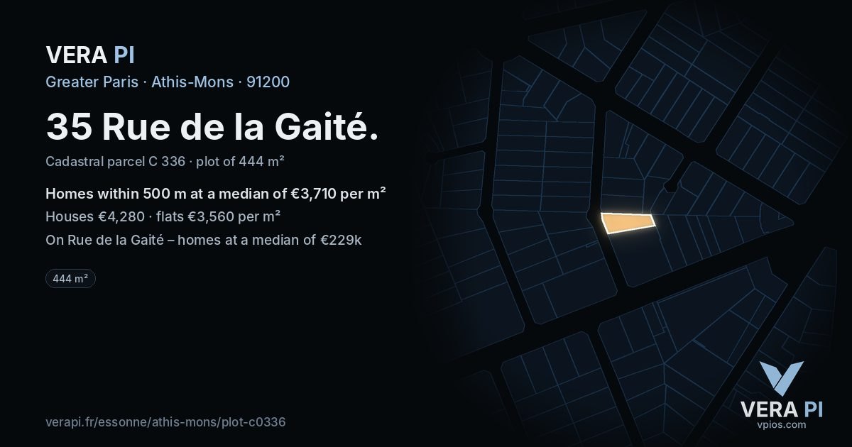 35 Rue de la Gaité, Athis-Mons at night – the plot lit, the parcels around coloured by the prices near them