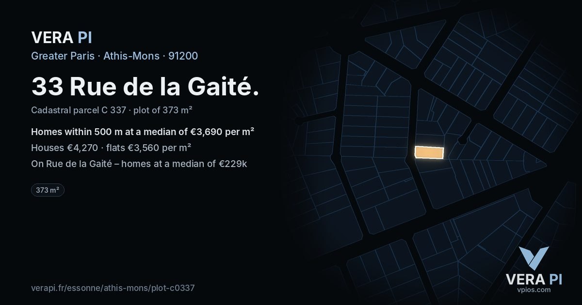 33 Rue de la Gaité, Athis-Mons at night – the plot lit, the parcels around coloured by the prices near them