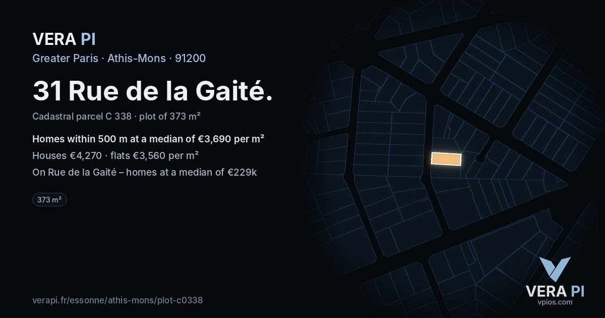 31 Rue de la Gaité, Athis-Mons at night – the plot lit, the parcels around coloured by the prices near them