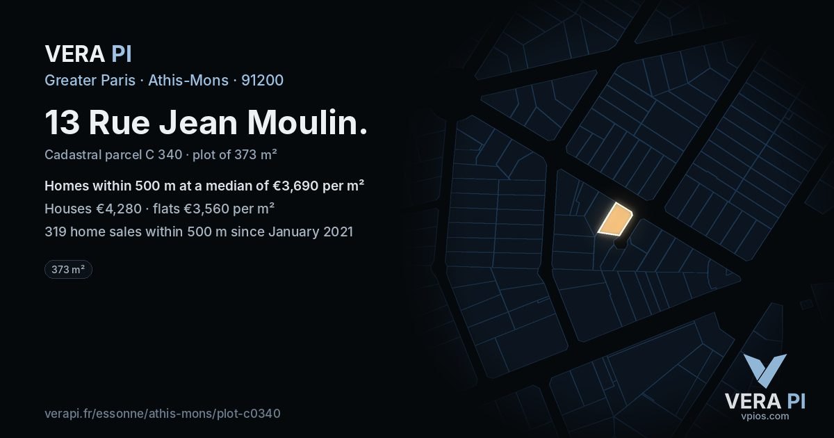 13 Rue Jean Moulin, Athis-Mons at night – the plot lit, the parcels around coloured by the prices near them