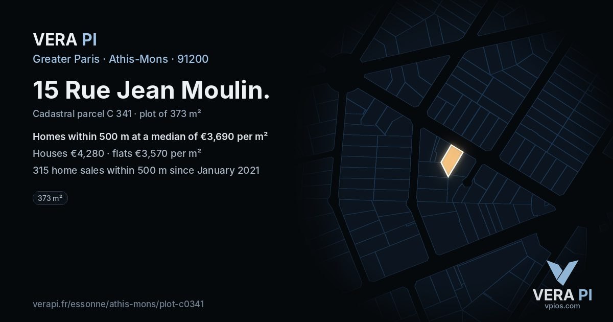 15 Rue Jean Moulin, Athis-Mons at night – the plot lit, the parcels around coloured by the prices near them