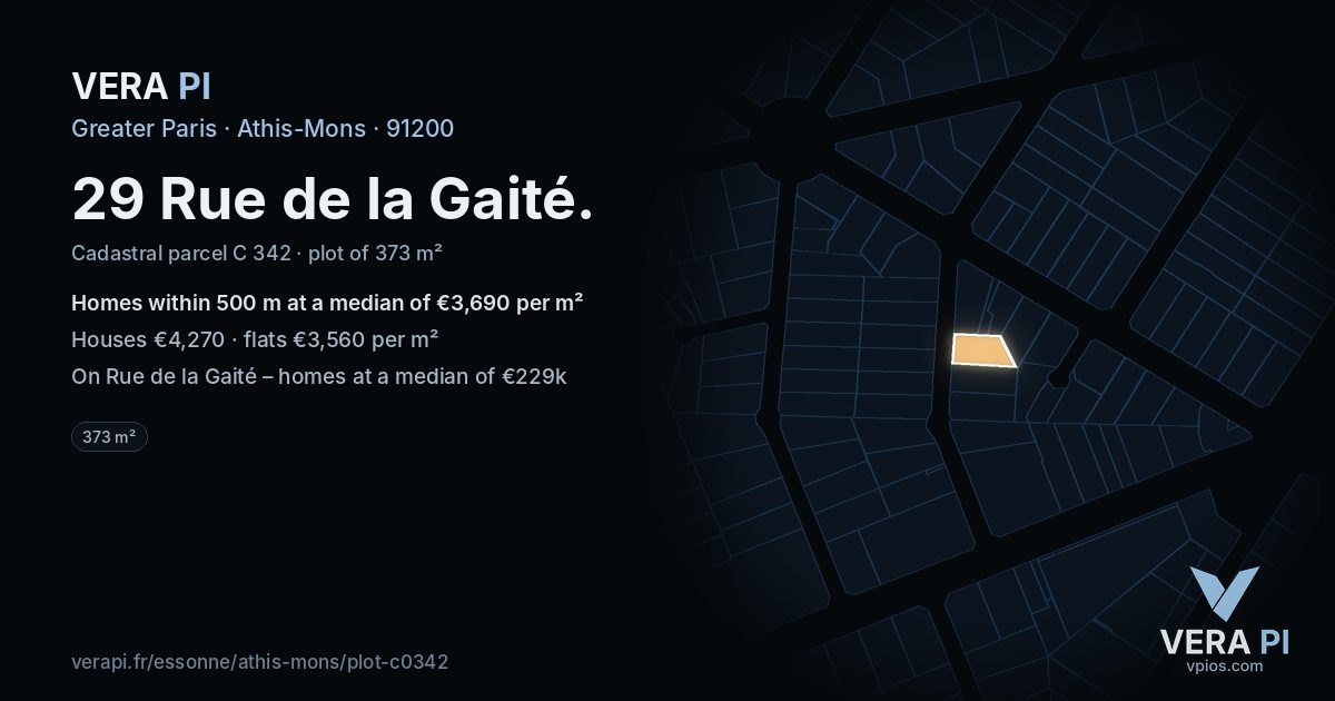 29 Rue de la Gaité, Athis-Mons at night – the plot lit, the parcels around coloured by the prices near them