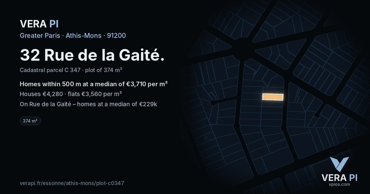 32 Rue de la Gaité, Athis-Mons at night – the plot lit, the parcels around coloured by the prices near them