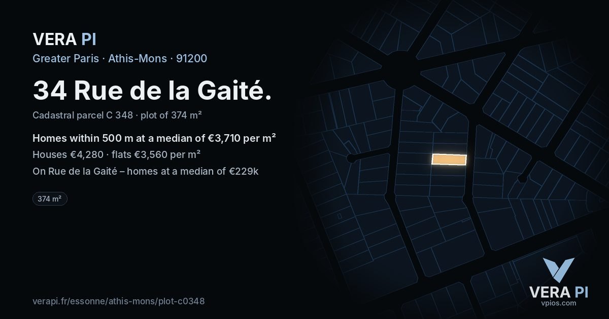 34 Rue de la Gaité, Athis-Mons at night – the plot lit, the parcels around coloured by the prices near them