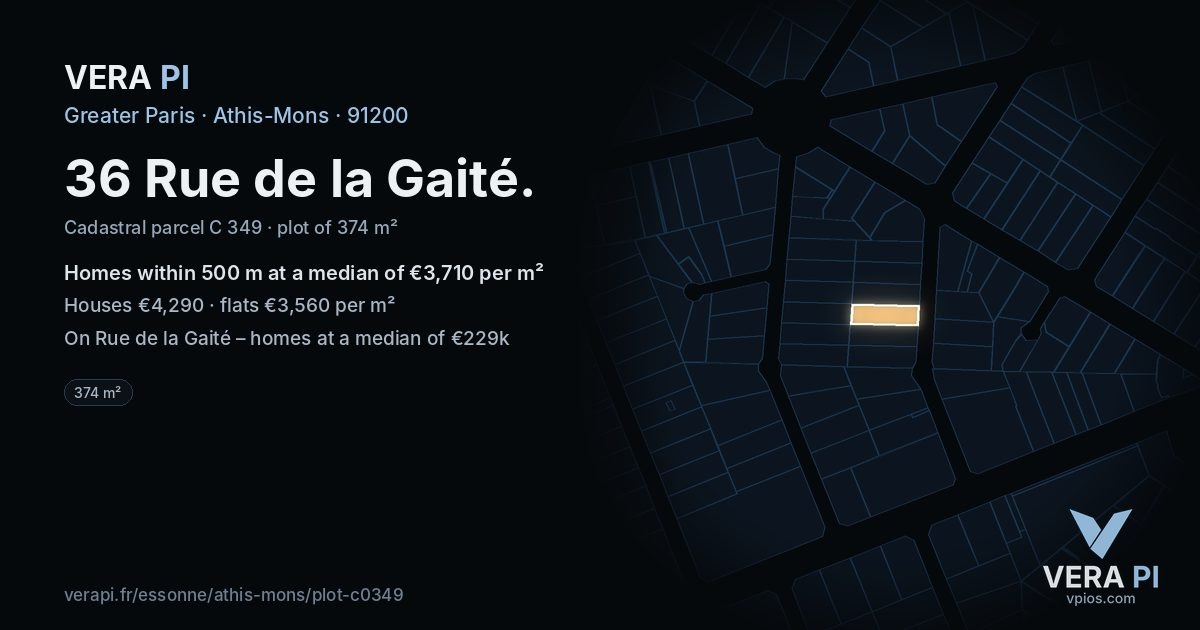36 Rue de la Gaité, Athis-Mons at night – the plot lit, the parcels around coloured by the prices near them