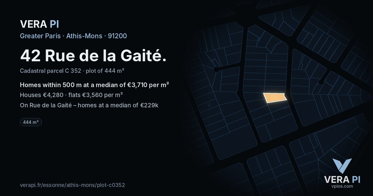 42 Rue de la Gaité, Athis-Mons at night – the plot lit, the parcels around coloured by the prices near them