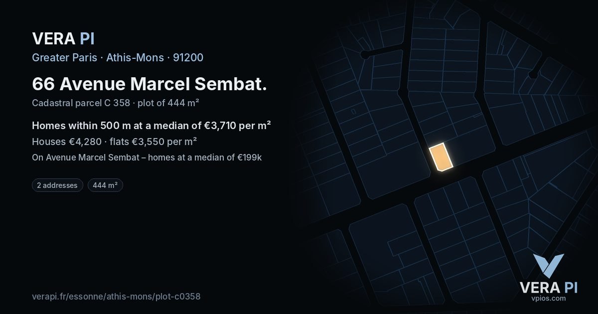 66 Avenue Marcel Sembat, Athis-Mons at night – the plot lit, the parcels around coloured by the prices near them