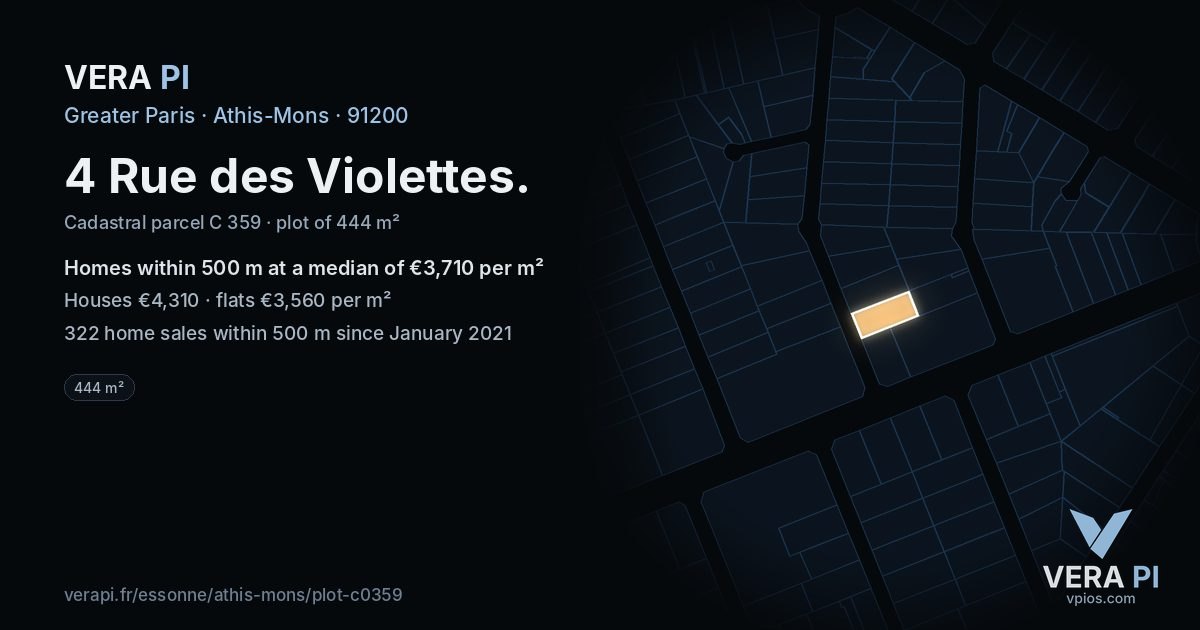 4 Rue des Violettes, Athis-Mons at night – the plot lit, the parcels around coloured by the prices near them