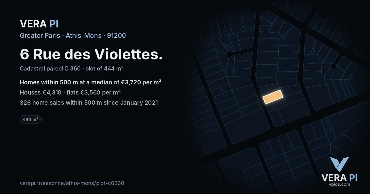 6 Rue des Violettes, Athis-Mons at night – the plot lit, the parcels around coloured by the prices near them