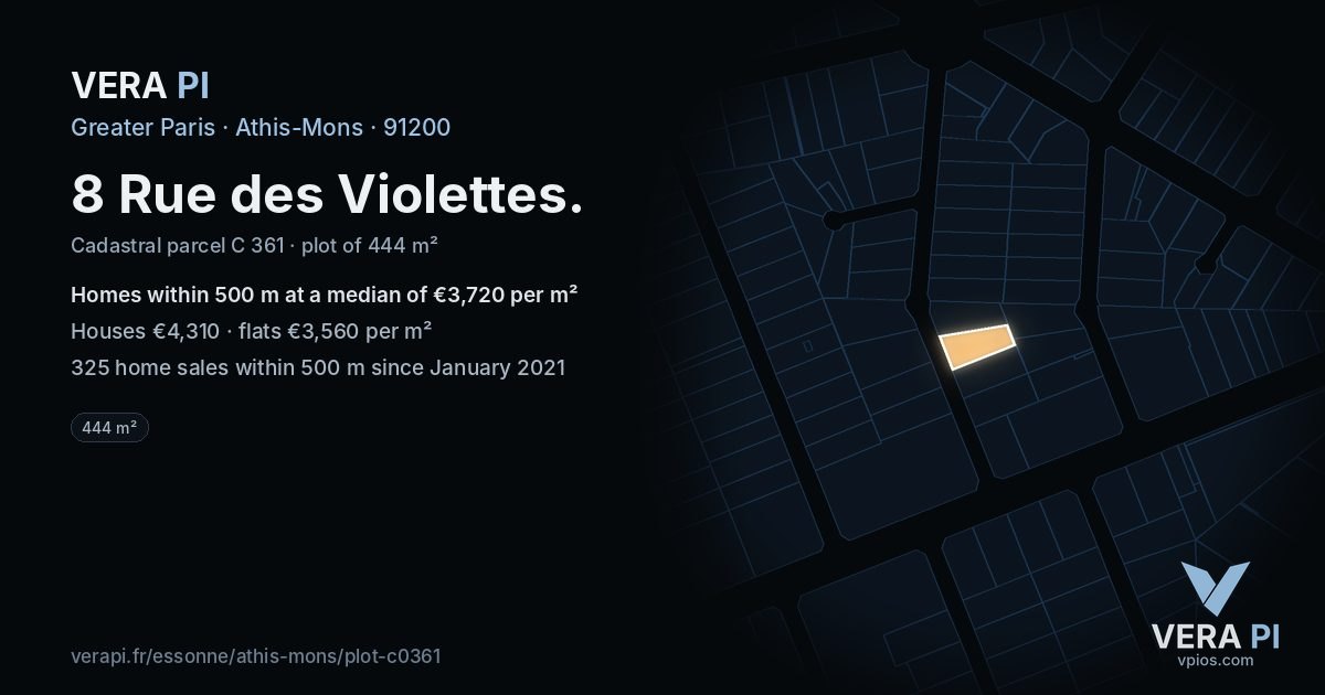 8 Rue des Violettes, Athis-Mons at night – the plot lit, the parcels around coloured by the prices near them