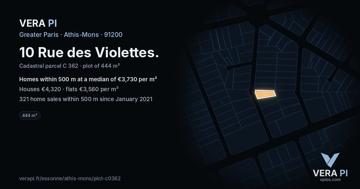 10 Rue des Violettes, Athis-Mons at night – the plot lit, the parcels around coloured by the prices near them