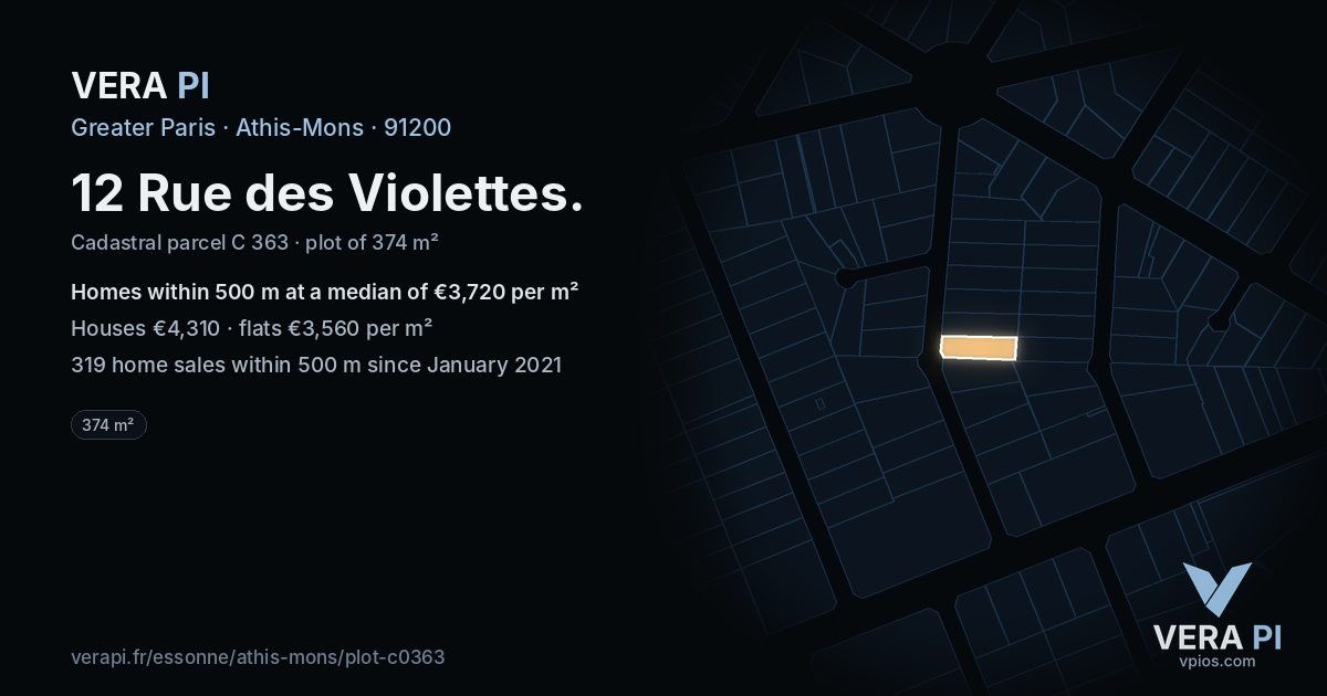 12 Rue des Violettes, Athis-Mons at night – the plot lit, the parcels around coloured by the prices near them