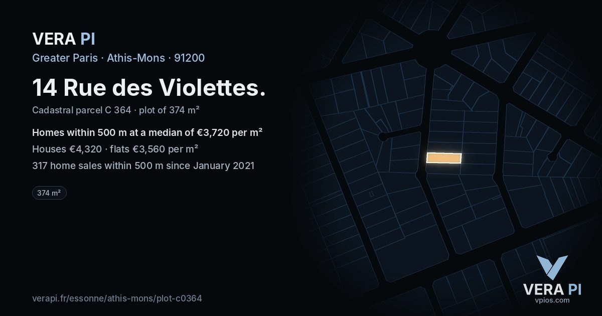14 Rue des Violettes, Athis-Mons at night – the plot lit, the parcels around coloured by the prices near them
