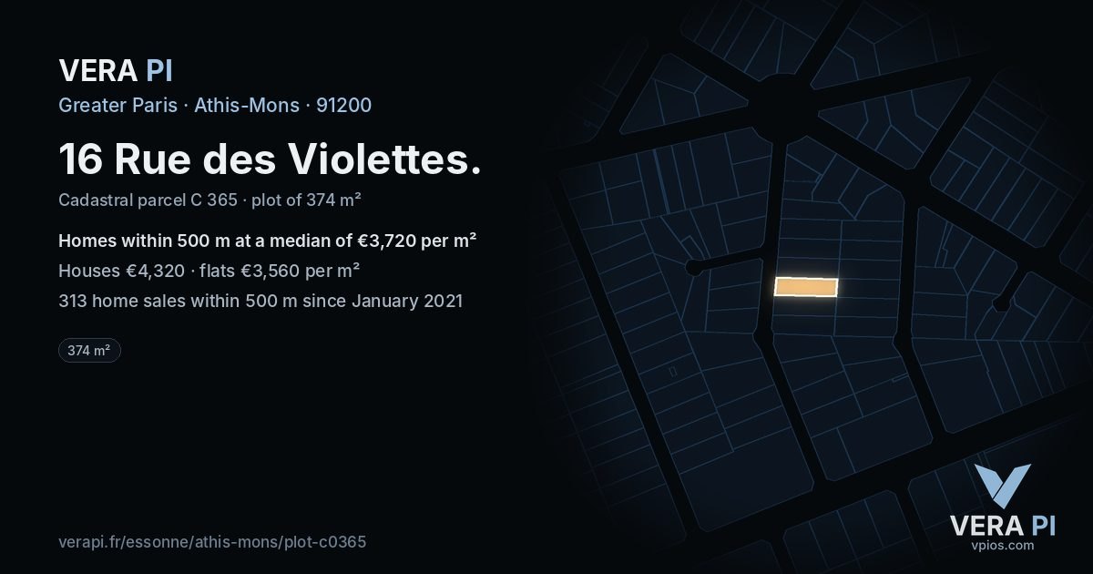 16 Rue des Violettes, Athis-Mons at night – the plot lit, the parcels around coloured by the prices near them