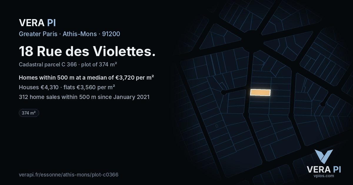 18 Rue des Violettes, Athis-Mons at night – the plot lit, the parcels around coloured by the prices near them