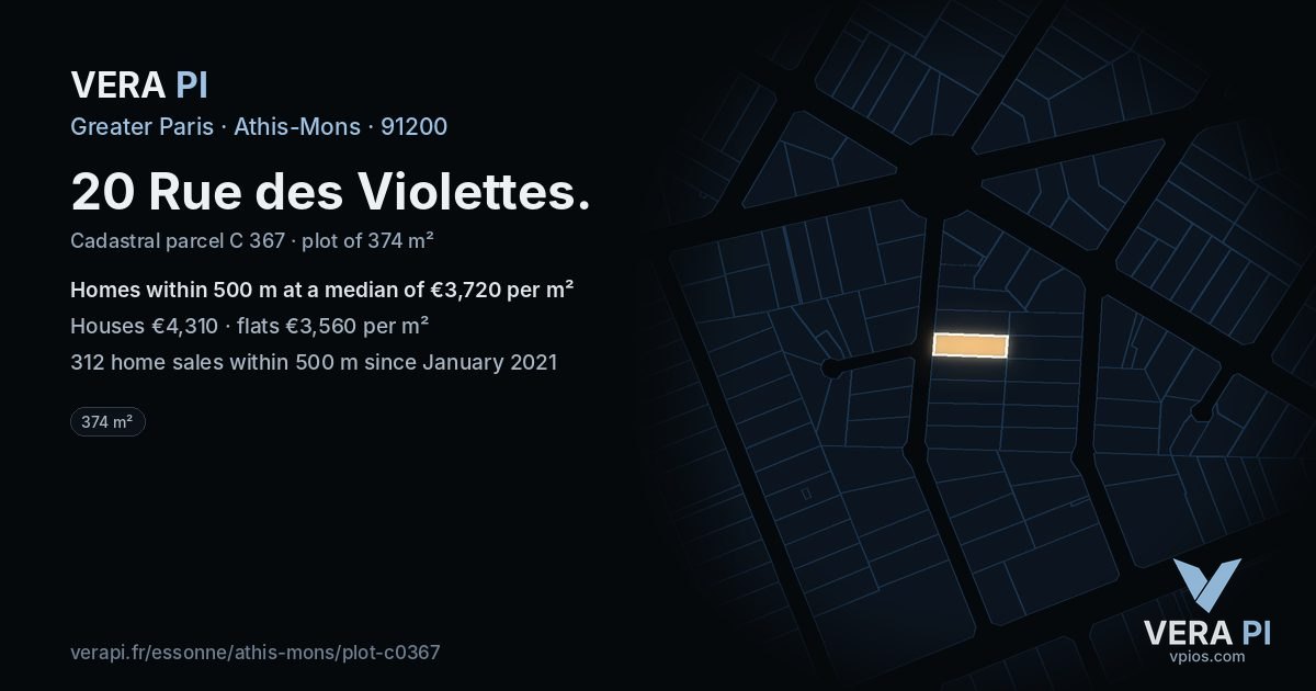 20 Rue des Violettes, Athis-Mons at night – the plot lit, the parcels around coloured by the prices near them