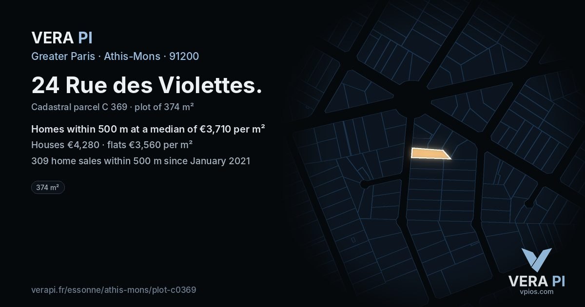 24 Rue des Violettes, Athis-Mons at night – the plot lit, the parcels around coloured by the prices near them
