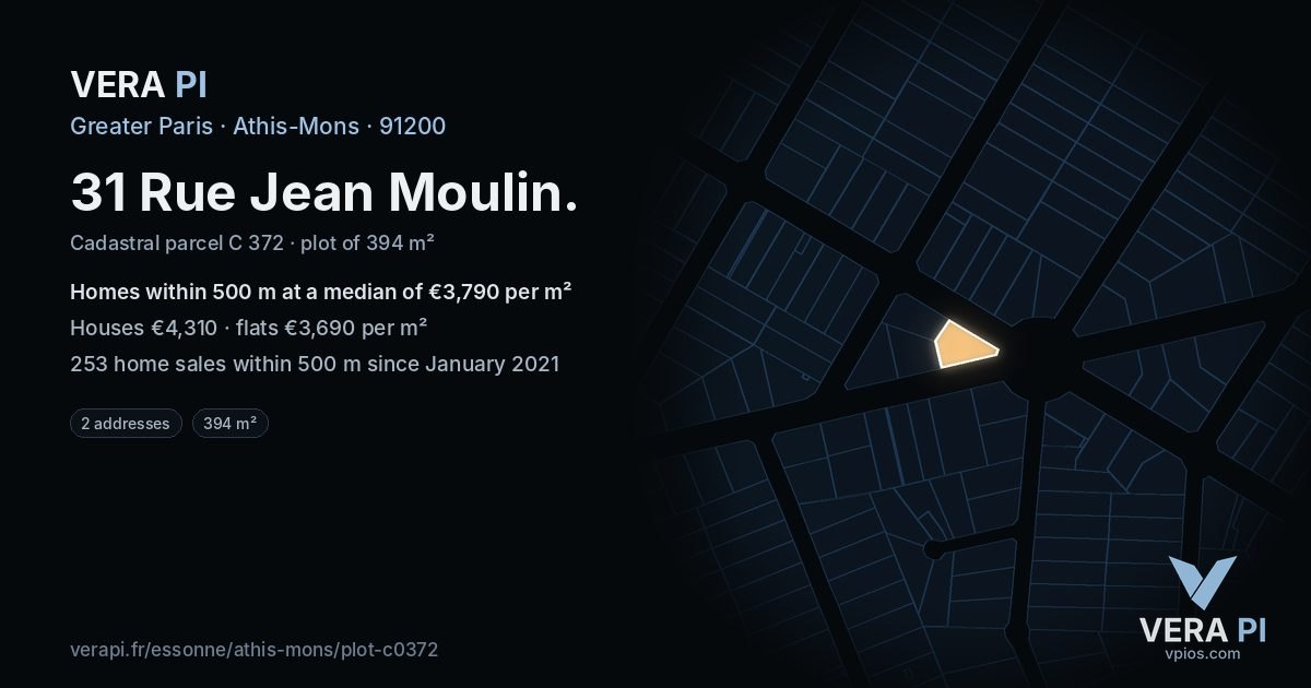 31 Rue Jean Moulin, Athis-Mons at night – the plot lit, the parcels around coloured by the prices near them