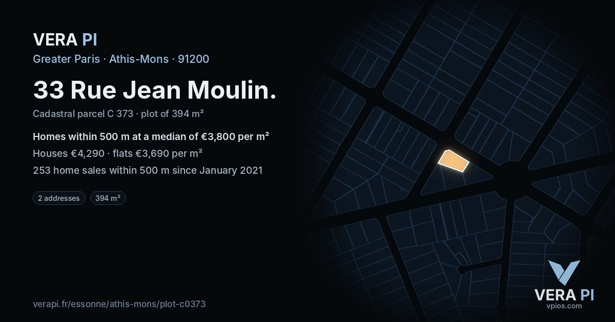 33 Rue Jean Moulin, Athis-Mons at night – the plot lit, the parcels around coloured by the prices near them