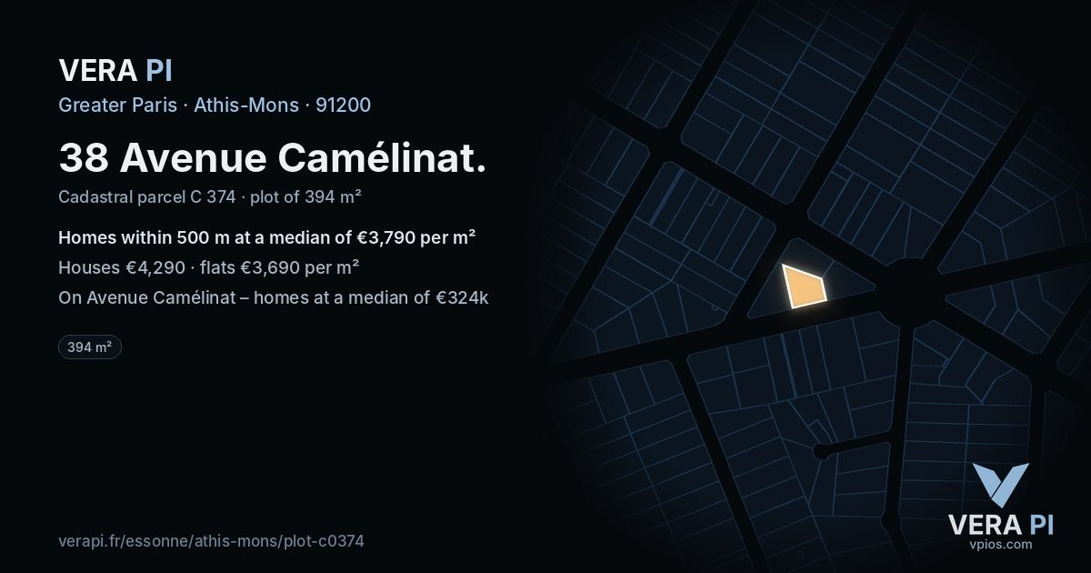 38 Avenue Camélinat, Athis-Mons at night – the plot lit, the parcels around coloured by the prices near them